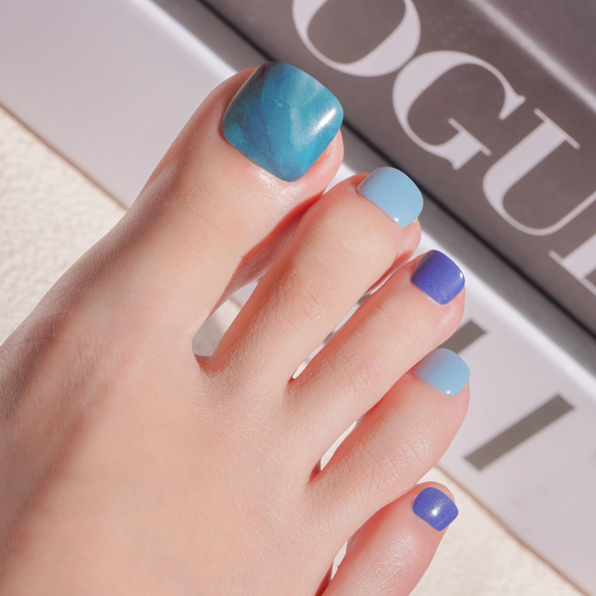 DANNI & TONI 37Pcs Semi Cured Gel Nail Strips(Seaside Splendor),Blue Marble Pattern Pedicure Salon-Quality Gel Nail Polish Strips Gold Foil Pedicure Manicure Stickers Set