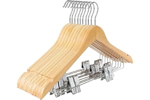 TOPIA HANGER Wooden Hangers with Adjustable Metal Clips and 360° Swivel Hook, Premium Wood Clothes Hangers 10 Pack for Suit, Pant, Skirt, Jeans, Coat, Jacket-CT28N