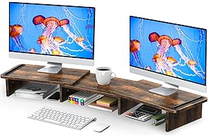 Zimilar Dual Monitor Stand Riser, Monitor Stand with Adjustable Length and Angle, Wood Monitor stand for desk, Monitor Riser for 2 monitors with Storage Space(Rust Brown Large)