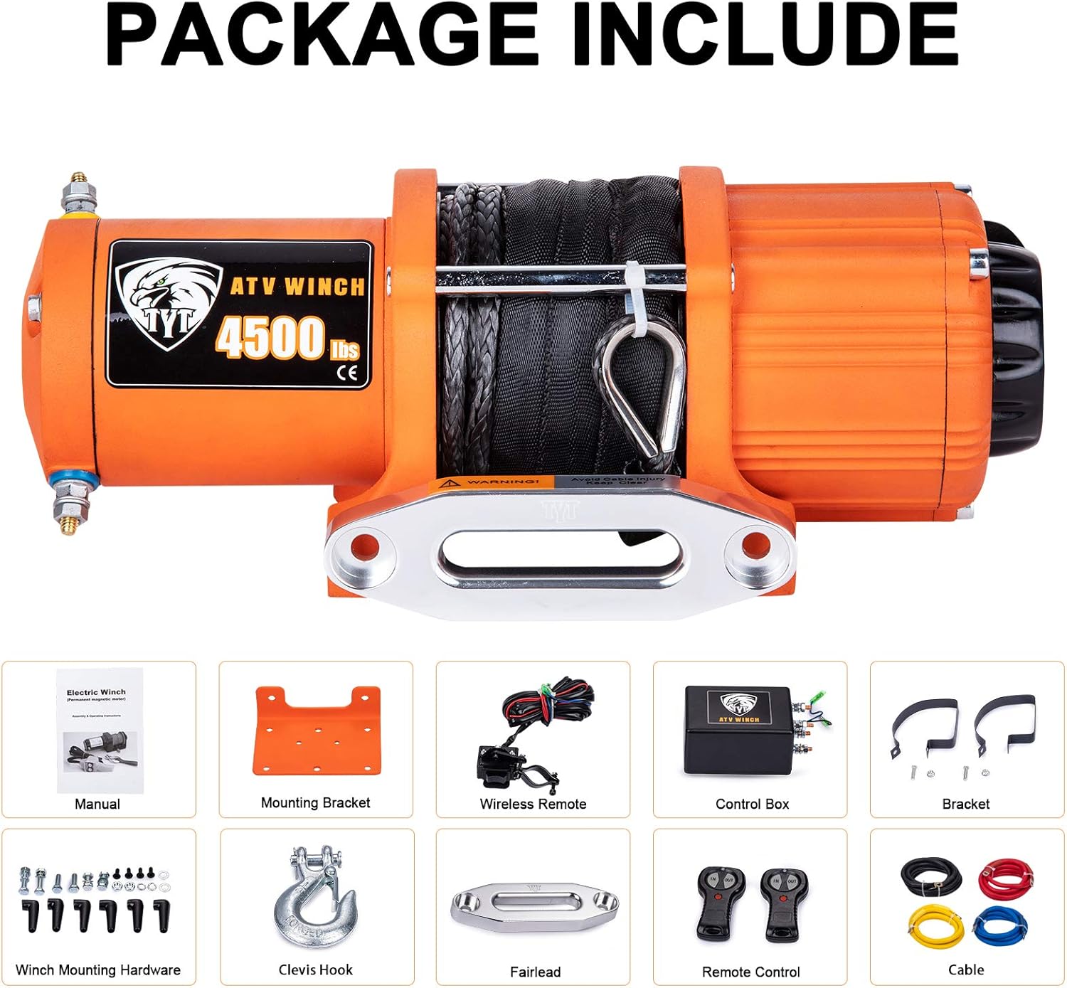TYT 4500 lb. Advanced Load Electric Synthetic Rope Winch for Towing ATV/UTV Off Road Kits, 12V Electric Winch with Hawse Fairlead, 2 Wireless Remotes and Mounting Bracket: Home Improvement