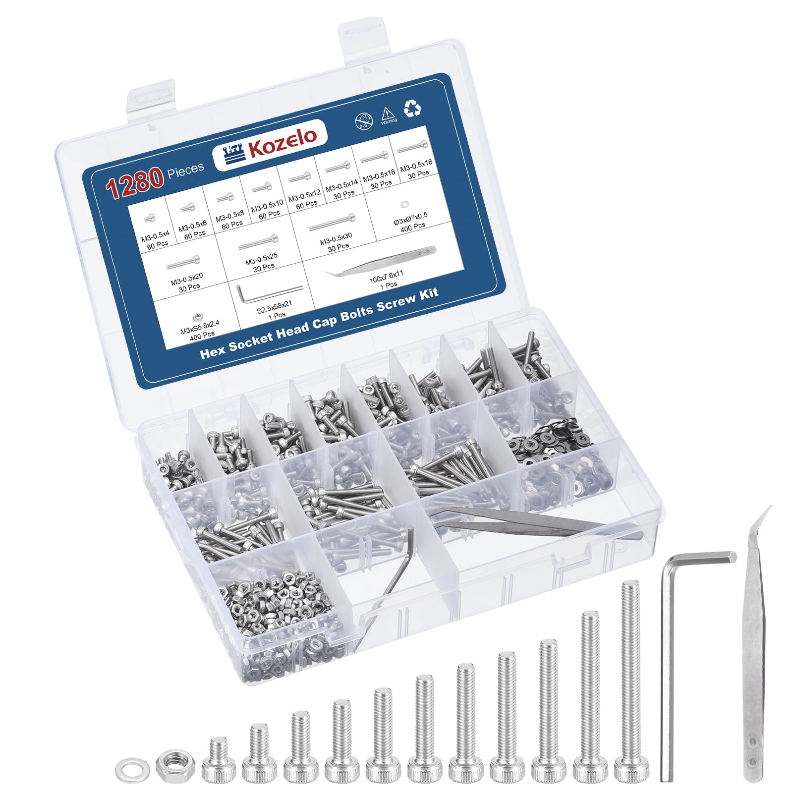 Kozelo 1280pcs M3 Socket Head Cap Screws Bolts Nuts Assortment Kit - [M3x4/6/8/10/12/14/16/18/20/25/30mm] 304 Stainless Steel Allen Socket Drive for 3D Printer, with Wrench
