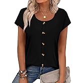WIHOLL Womens Summer Tops Cap Short Sleeve Shirts Button Down Blouses U Neck T Shirts Fashion Clothing