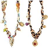 Veerlogix Scarf Necklace with Charm 2 Pack Silk Bandana Charm Necklace for Women Pendant Necklace with Red Heart Leopard Charms Vintage Jewelry Ideal Gift for Lady Birthday Christmas Mother's Day