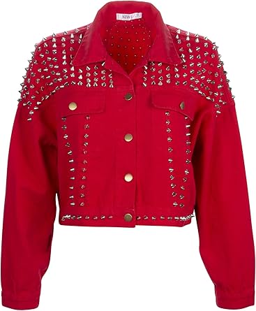 red distressed denim jacket