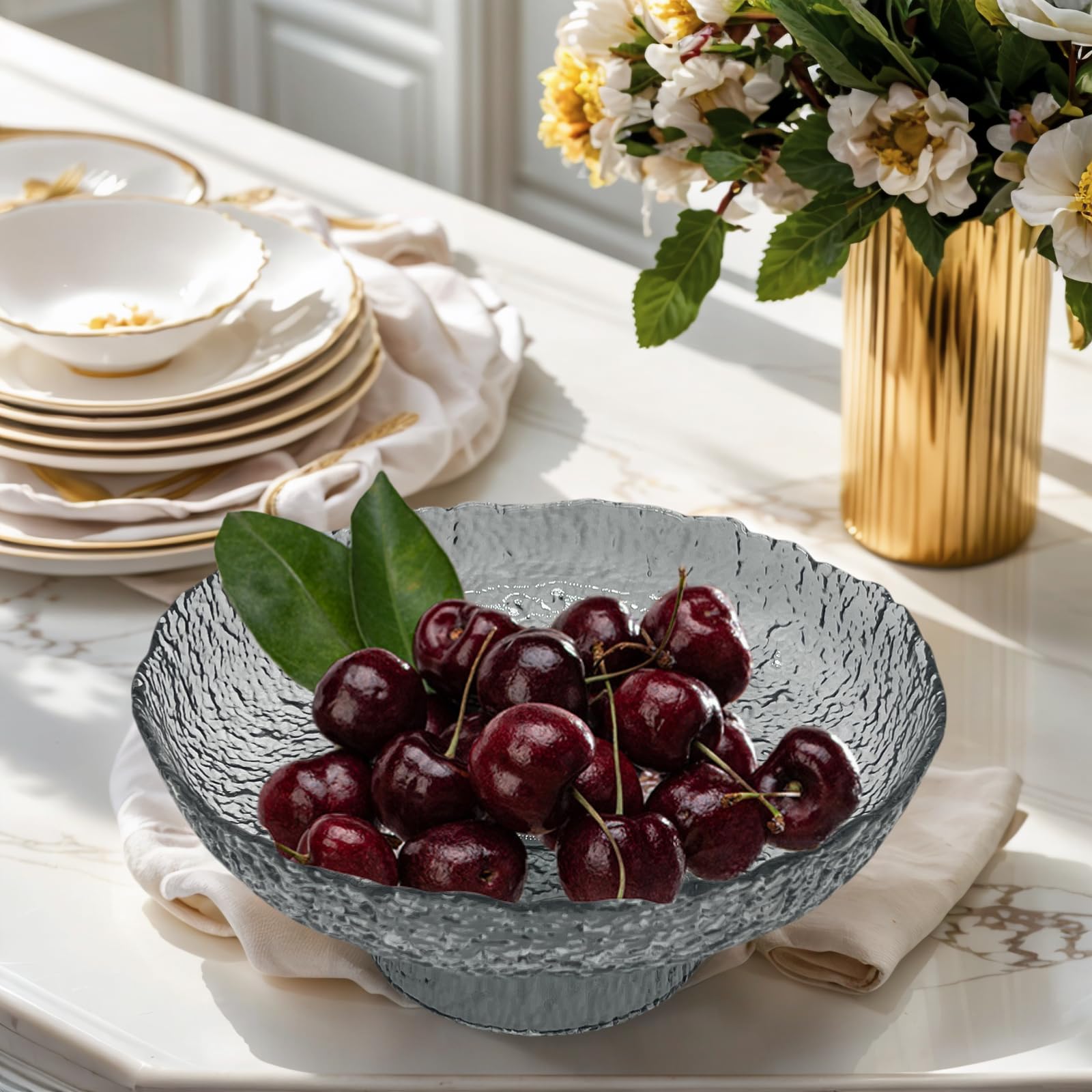 FESTLOVE Glass Fruit Bowl, 10” Gray Decorative Bowl, Fruit Bowl for Kitchen Counter, Decorative Pedestal Bowl Centerpieces Table for Home Décor, Candy Dish Dessert Display Stand