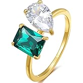 espere Toi et Moi Engagement Ring | 18K Gold Plated Sterling Silver Two Stone Ring | Emerald and Pear CZ Promise Simple Bridal Ring Anniversary