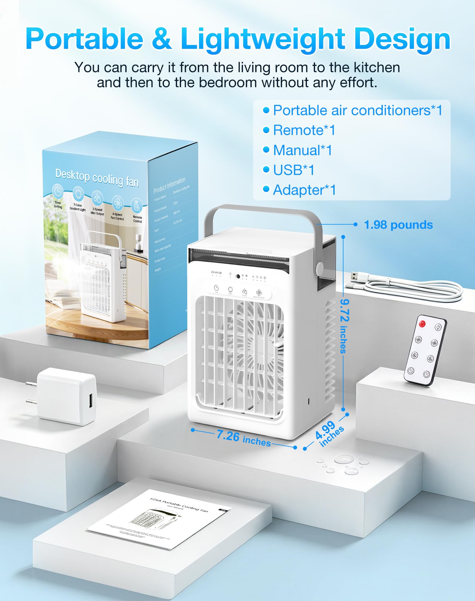 Condition photo showing New/Like New for portable air conditioners, mini personal evaporative cooler with remote, 2 mist modes, 4 wind speeds