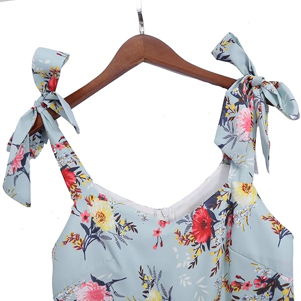 POPREAL MOMMY AND ME FLORAL PRINTED DRESSES SHOULDER STRAPS BOWKNOT CHIFFON SLEEVELESS MATCHING OUTFITS LIGHT GREEN