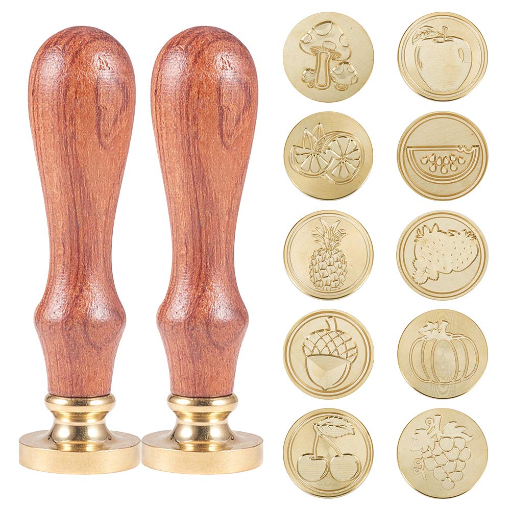 CRASPIRE Wax Sealing Stamp Set, Retro Wax Seal Stamp Set Fruit Vegetable Theme 10Pcs Brass Head 2Pcs Wooden Handle for Wedding Invitations Gift Packing Cards Letters Envelopes Wine Packages