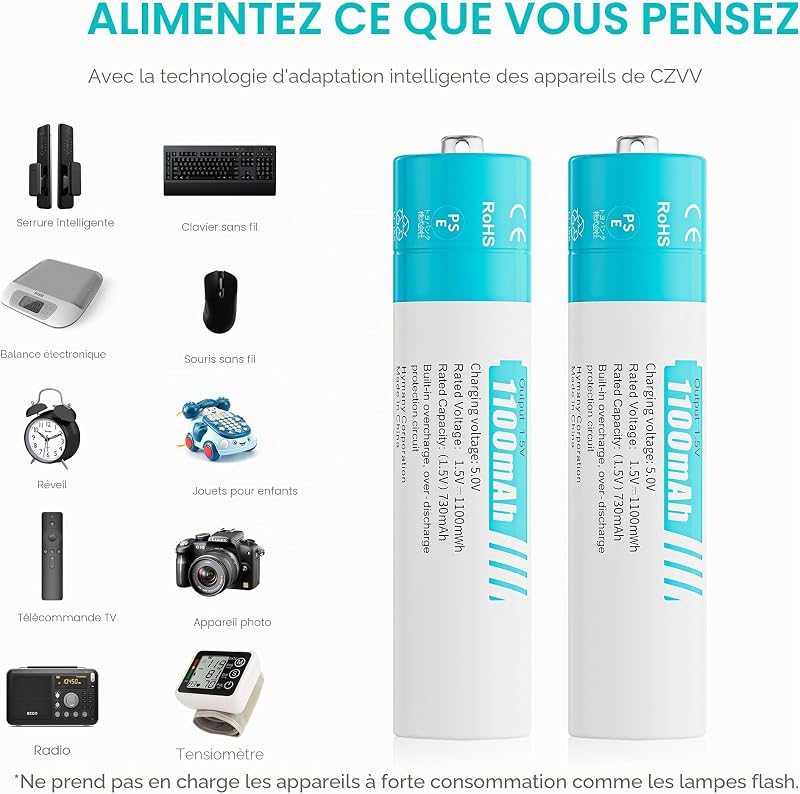 Piles Rechargeables AAA 1,5 V - Lot de 8 Piles Rechargeables avec Chargeur Ultra Rapide 2H, Durable et Haute Capacité avec 1100 mWh, Cycles 1300 Fois, Sortie Constante(Noir) — photo 6 sur 7