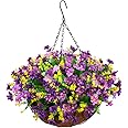 Homsunny Artificial Hanging Flowers in Basket Outdoor Decoration,Fake Daisy Plants Arrangement,12inch Coconut Lining Pot,Outdoor Indoor Patio Lawn Garden Porch Summer Decor (Dark Purple)
