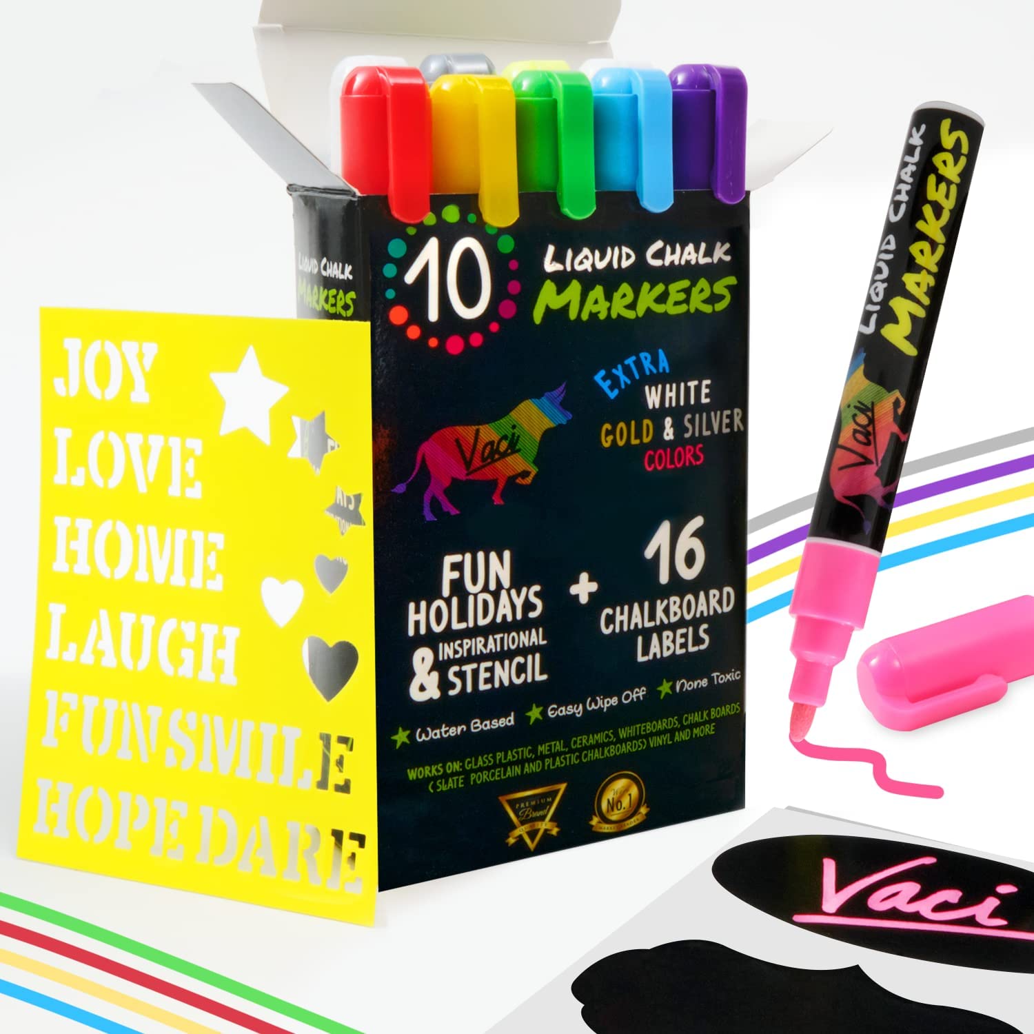 Photo 1 of Vaci 6 Multicolored Liquid Chalk Markers | Erasable, Non-Toxic, Water-Based Pens | 6 mm Reversible Tips - Bullet & Chisel | On Chalkboards, Windows, Glass, Mirrors, Blackboards & More | Kids & Adults