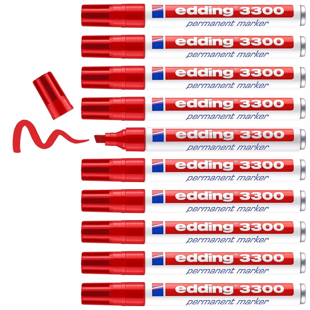 edding 3300 permanent marker - red - box of 10 - chisel tip 1-5 mm - quick-drying permanent markers - waterproof, smudge-proof - for cardboard, plastic, wood, metal, fabric - marker pens