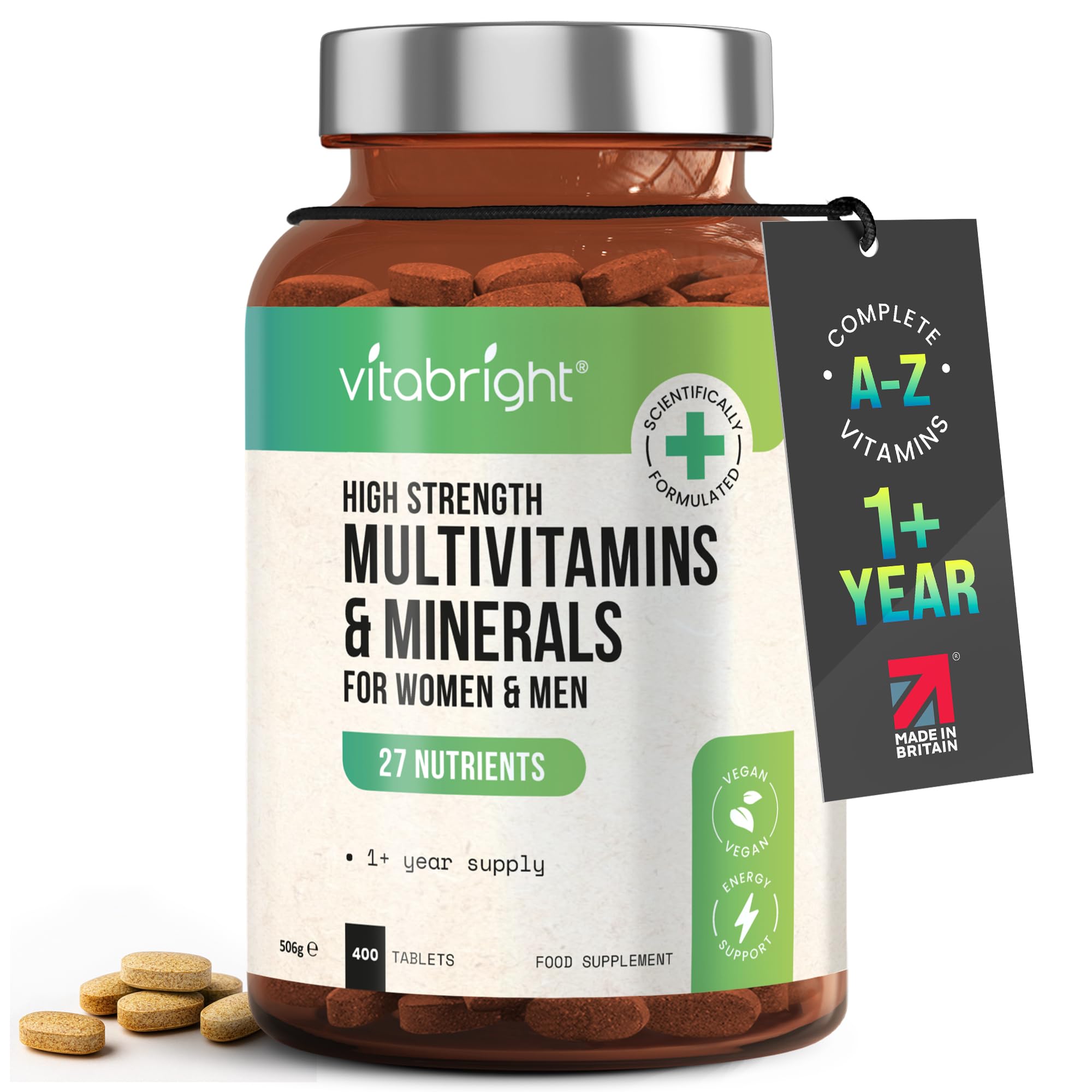 High Strength A-Z Multivitamin & Mineral Tablets for Men & Women | 400 Vegan Tablets | 1 a Day | Complete Daily Multivitamin 100% Dosage Vitamins with Iron | Age 12+ | VitaBright