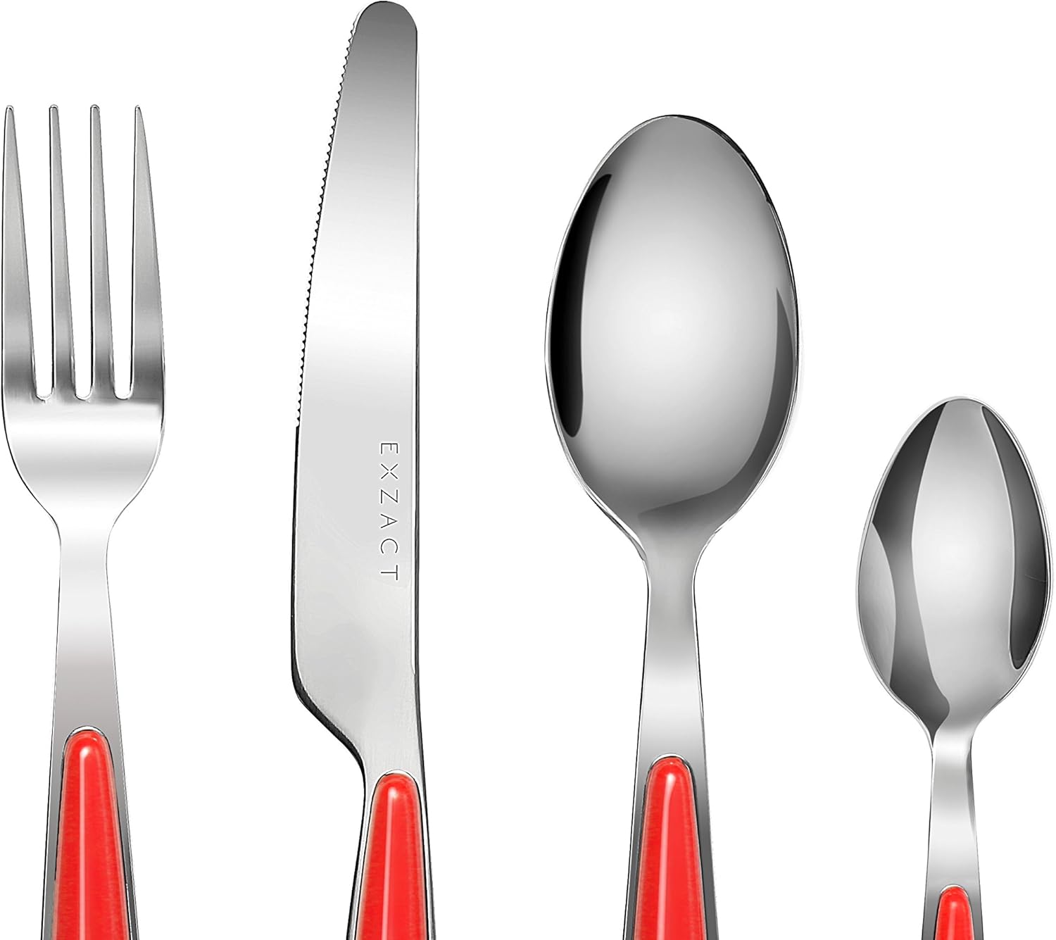 EXZACT Cutlery Set of 24, Stainless Steel with Color Handles - 6 Forks, 6 Dinner Knives, 6 Dinner Spoons, 6 Teaspoons - EX07 (Red x 24) - Image 4
