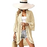 ALIREVERIE Women's Summer Lightweight Cardigan 3/4 Ruffle Sleeve Lace Details Kimono
