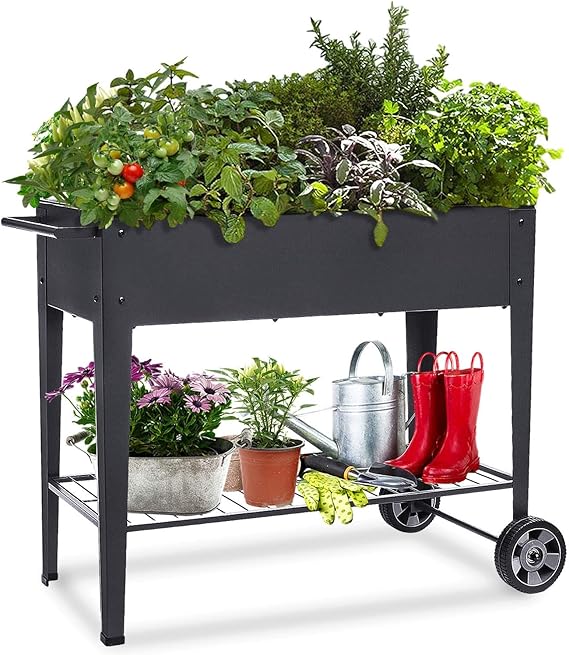 Raised Planter Box with Legs Outdoor Elevated Garden Bed On Wheels for
