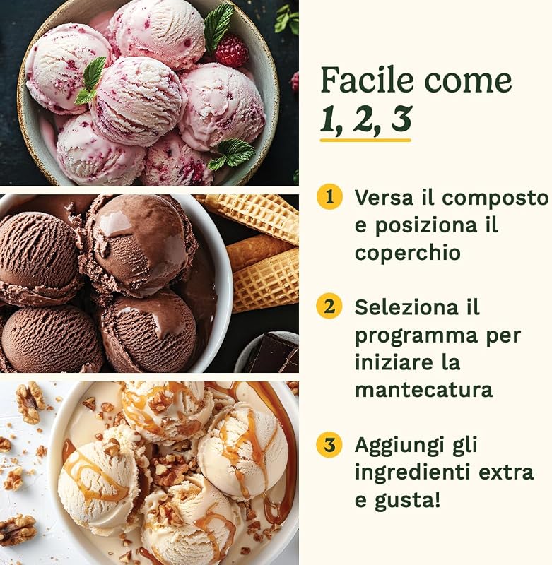 FreezeEase – Gelatiera autonoma con 3 programmi (Gelato, Sorbetto, Yogurt) | Nessun pre-congelamento | Pronta in 40 min | Funzione di mantenimento al freddo | Compressore 950ml (Nuovo)