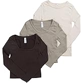 90 Degree By Reflex Womens 3 Pack Ribbed Seamless Crew Neck, Scoop Neck and Sqaure Neck Long Sleeve Top