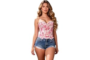 ohmydear Floral Corset Tops for Women Sexy Bones Printing Hollow Bustier Tops Overbust Lace-up Corset Top for Going Out