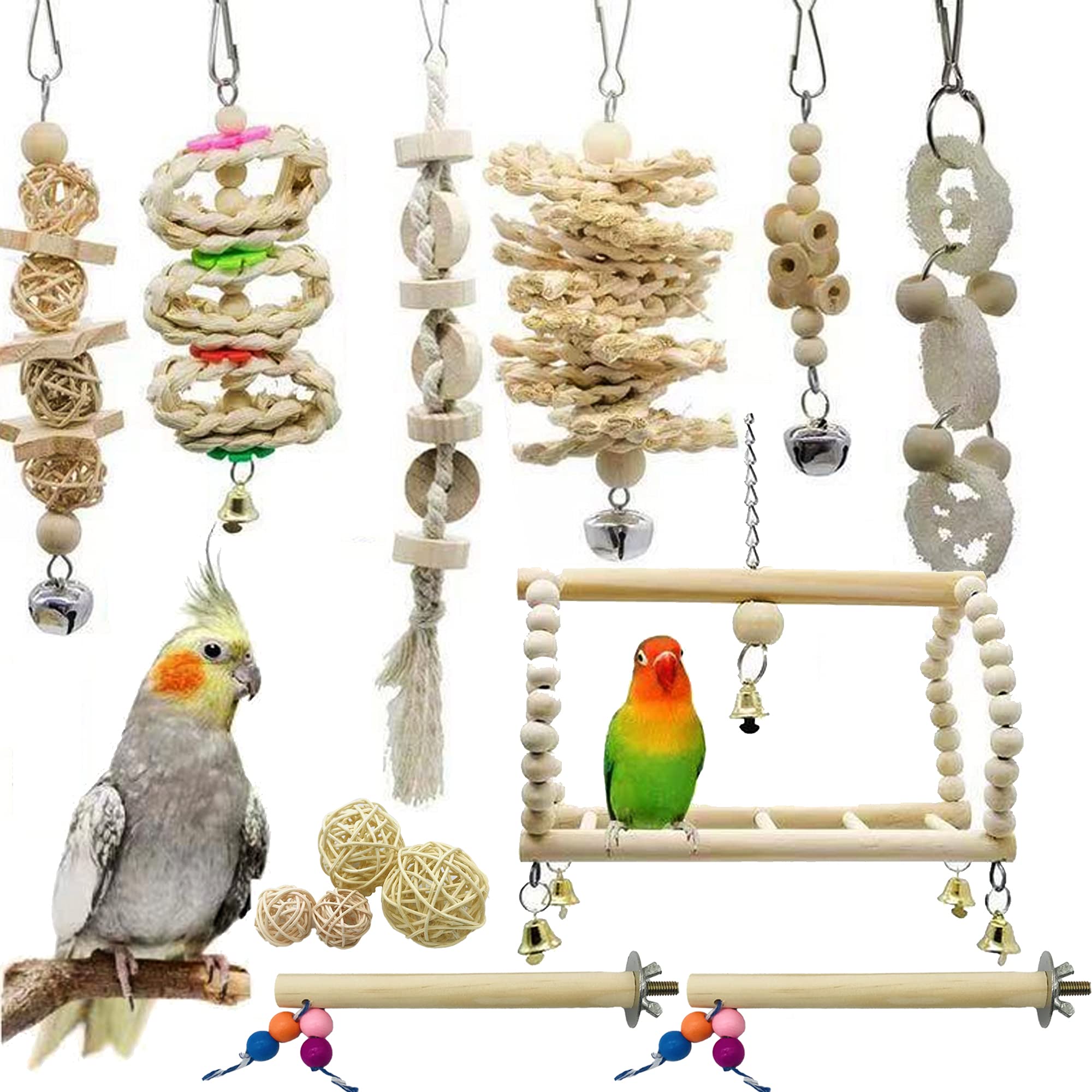 Allazone Bird Parrot Toys, 14 PCS Hanging Bell Pet Bird Cage Hammock Swing Toy Bird Perch Toys Wooden Chewing Toy for Conures, Love Birds, Small Parakeets Cockatiels, Macaws