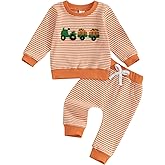 Mobbdow Toddler Baby Boy Halloween Outfit Long Sleeve Pumpkin Tractor Embroidered Stripe Waffle Knit Sweatshirt and Pants Set