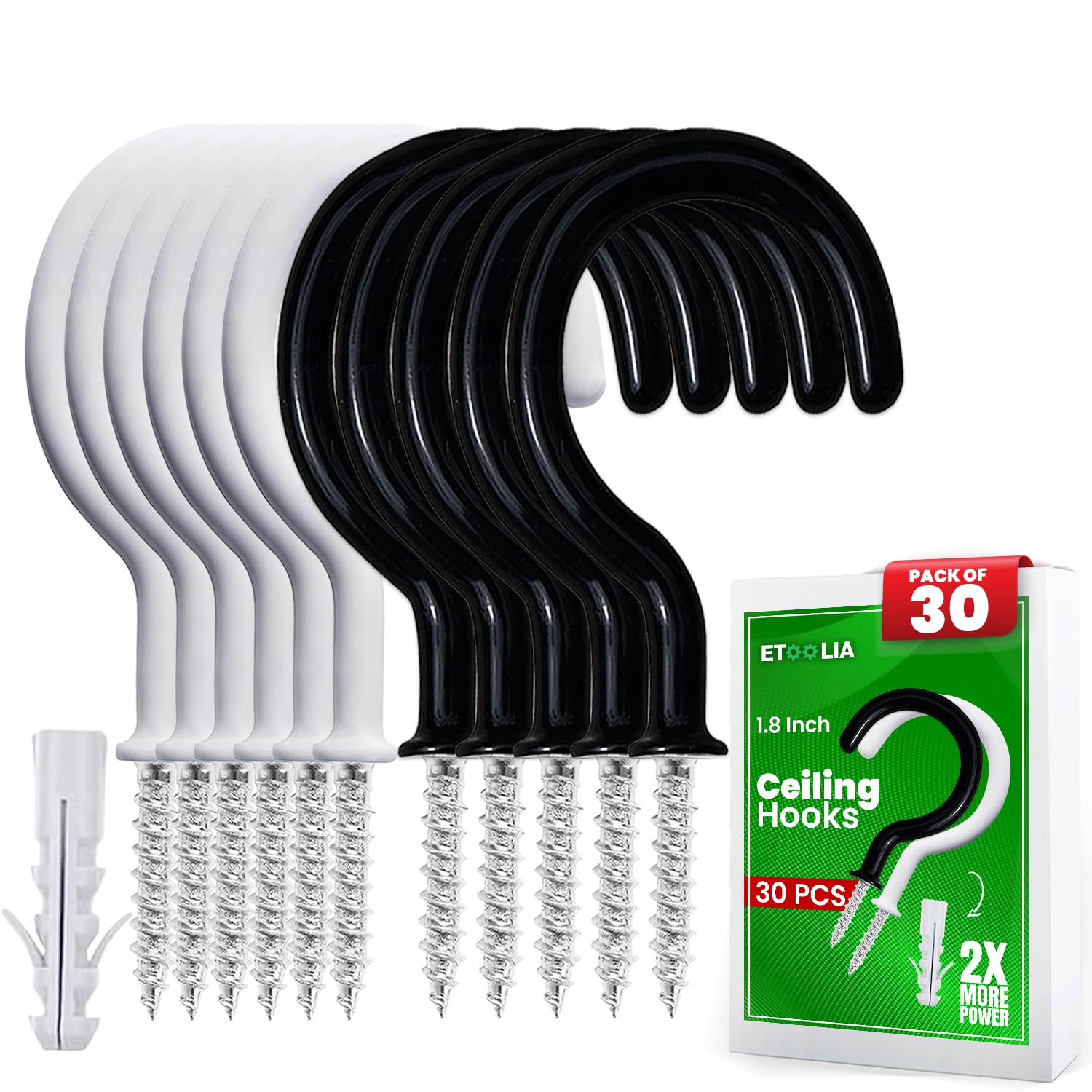 Etoolia 30 Pcs Ceiling Hooks for Hanging Plants, Cups, Utensils and Lights-Vinyl Coated Screw in Plant and Cup Hooks for Wooden and Drywall with Anchors (15 White & 15 Black 1-1/4 inch)