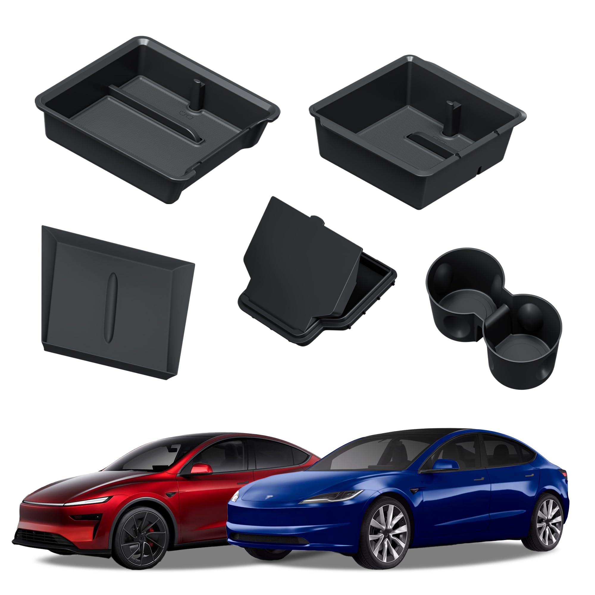 Photo 1 of Carwiner 5PCS Center Console Organizer Compatible with 2025 New Tesla Model Y Juniper/2024-2025 Tesla Model 3 Highland Accessories, Hidden Storage Box, Cup Holder with Wireless Charger Silicone Mat
