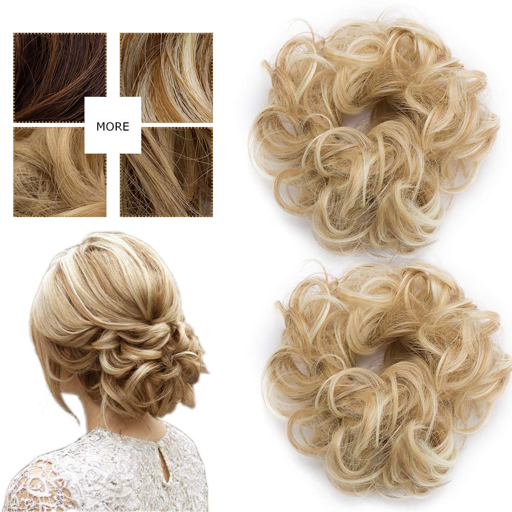 Synthetic Hair Bun Extensions 2Pieces Messy Hair Scrunchies Hair Pieces for Women Hair Donut Updo Ponytail -Dark Blond/Bleach Blond
