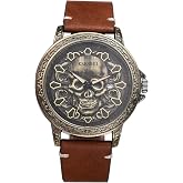 JewelryWe Punk Skull Leather Watches: Cool Round Analog Quartz Calendar Watch Mens Gothic Leather Wristwatch for Father's Day