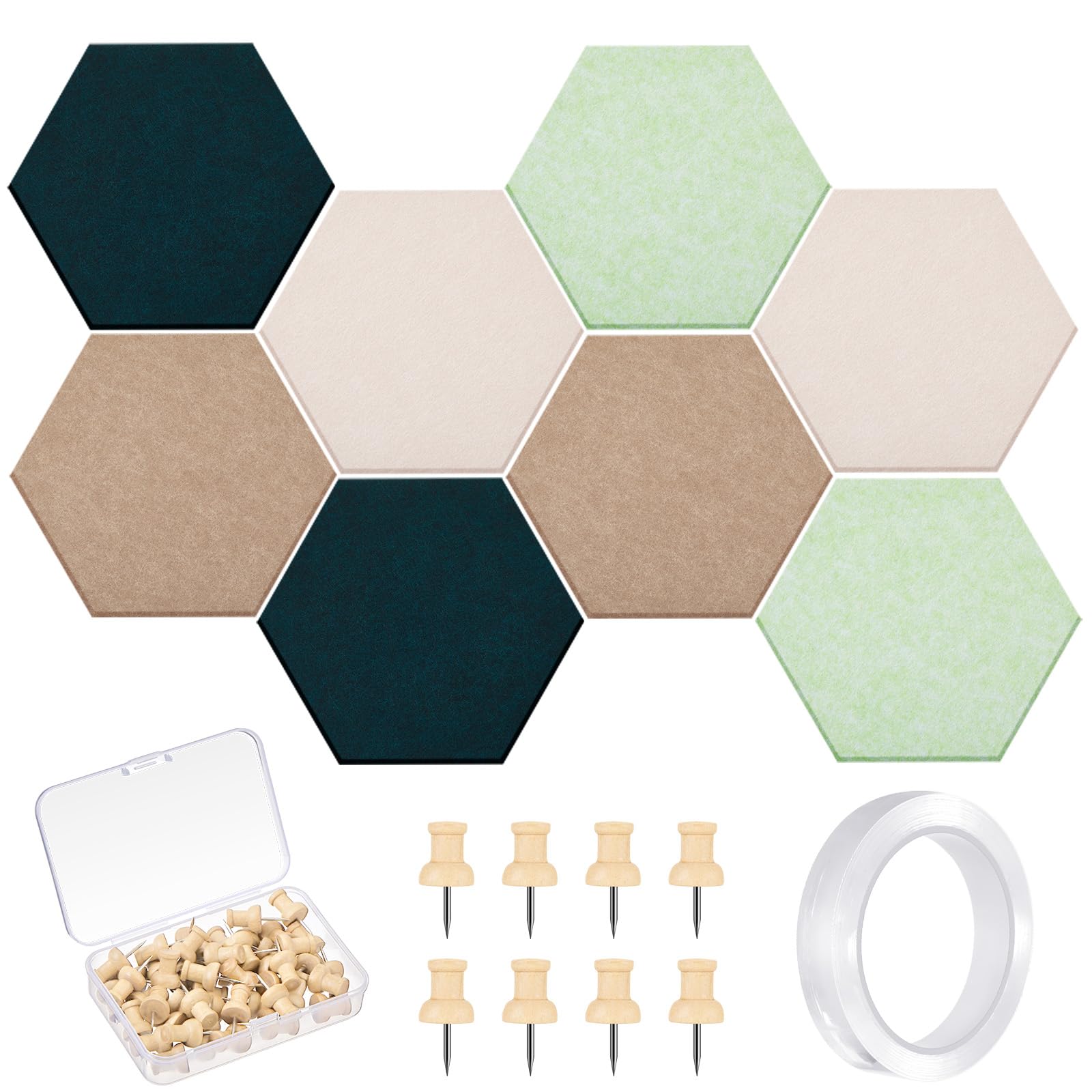 Photo 1 of Mindsoft 16 Pcs Hexagon Cork Board for Walls with 50 Wooden Push Pins 12x10 in Felt DIY Tiles Notice with Nano Tape Hanging Bulletin Board for Home Photo Office Memo Note (Green)