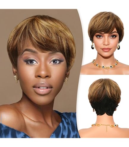 Perruque Courte Synthétique Brune Doré Style Pixie Avec Frange - Neuf Sans étiquette, Bonnet Inclus