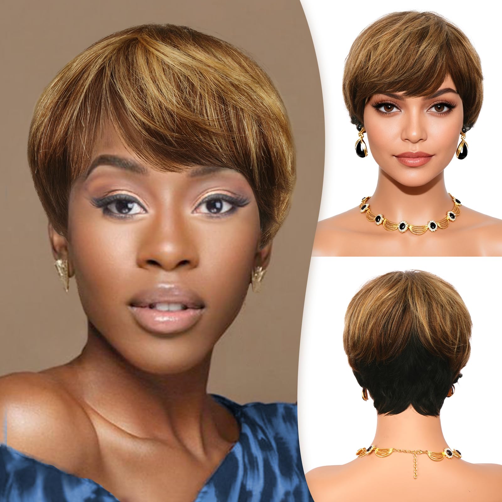 RUWISS Pixie Cut Wig Human Hair with Bangs Natural Short Blond Wig Layered Wavy Different Style Short Wigs for Black Women (1B/427#) — image 1