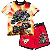 Monster Jam UPF 50+ Pullover Rash Guard and Swim Trunks Outfit Set Toddler to Big Kid Grave Digger El Toro Loco Megalodon