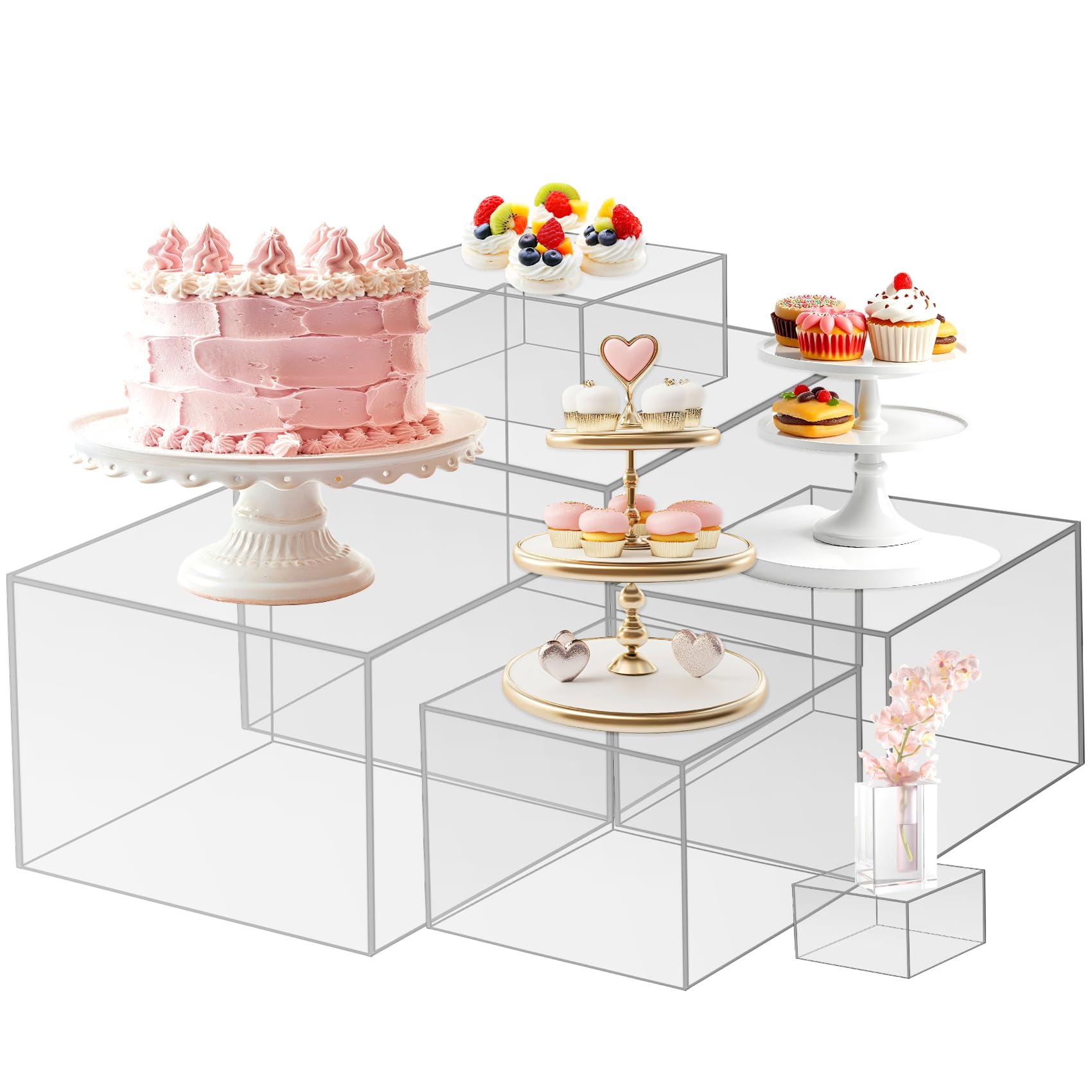 Photo 1 of MACIFECI 6 PCS Clear Acrylic Boxes & Buffet Risers Display Stands with Hollow Bottoms, Food Riser for Buffet Table Dessert, Acrylic Cube Stand for Party, Catering, Wedding(6 Pack)