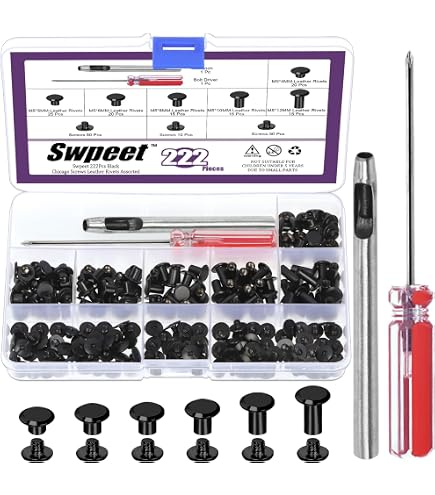 MABAHON 120-Piece Chicago Screws Kit – 6 Sizes M5 X 4/6/8/10/12/15mm Leather Rivets, Binding Screws With Spacers For Belt Repair, Bookbinding & Crafts (Black)