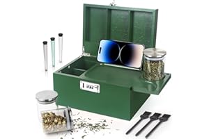 TISEMENT Large Green Bamboo Box with Combination Lock, Decorative Storage Box with Removable Tray & Detachable Compartment, Wooden Boxes with Alright Jars & Brushes & Storage Tubes as Great Gift Choice.