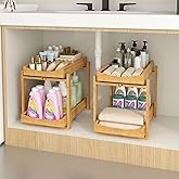 Bamboo Under Sink Organizer and Storage, 2 Pack Pull Out Cabinet Organization, 2 Tier Vertical Slide Out Undersink Storage Shelf, Multi-Purpose Organizer Shelves for Kitchen Bathroom Medicine