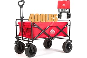 CHINNLUU Wagon Cart Heavy Duty Foldable, Utility Wagon with 400lbs Large Capacity, Collapsible Wagon for Beach, Camping, Locking Brake Wheels, All-Terrain Silent Universal Big Wheels, Two Cup Holders