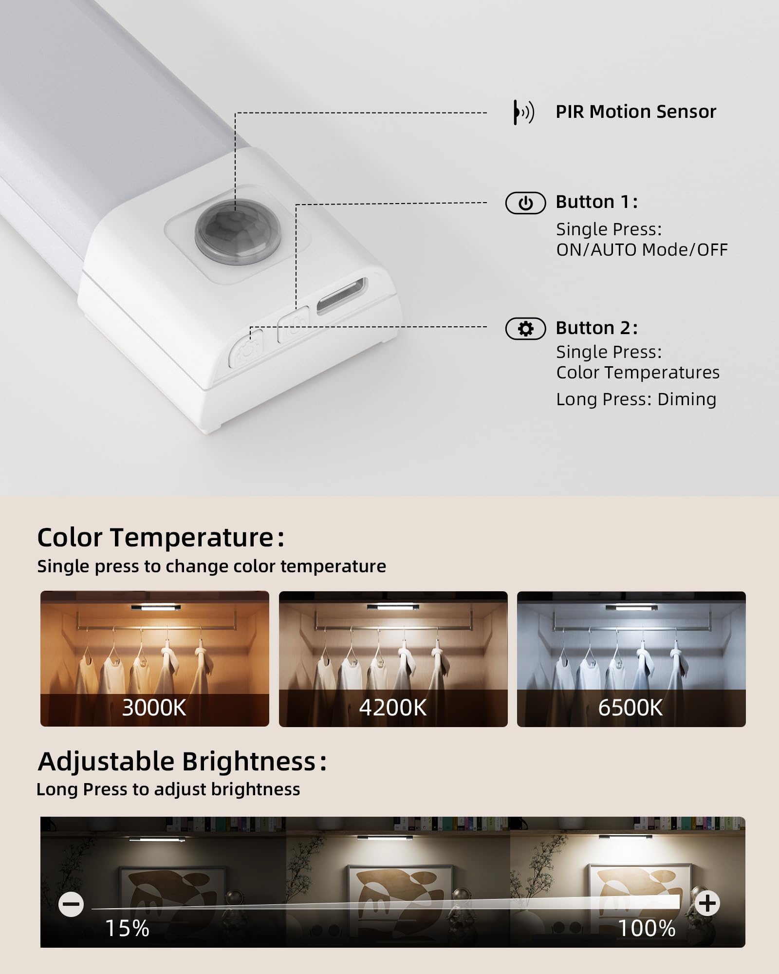 EZVALO 3 Pack 7” Motion Sensor Light Indoor, Wireless Under Cabinet Lighting, 30 LED Rechargeable Closet Lights, Dimmable, 3 Color Temperatures, Counter Lights for Wardrobe, Pantry, Bedroom, Kitchen