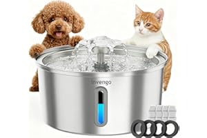 Cat Water Fountain Stainless Steel 3.2L/108oz, Invengo Automatic Pet Fountain for Cats & Dogs, Ultra Quiet <25 dB Pump, Includes 4 Replacement Filters & Sponges, LED Water Level Window, Easy to Clean