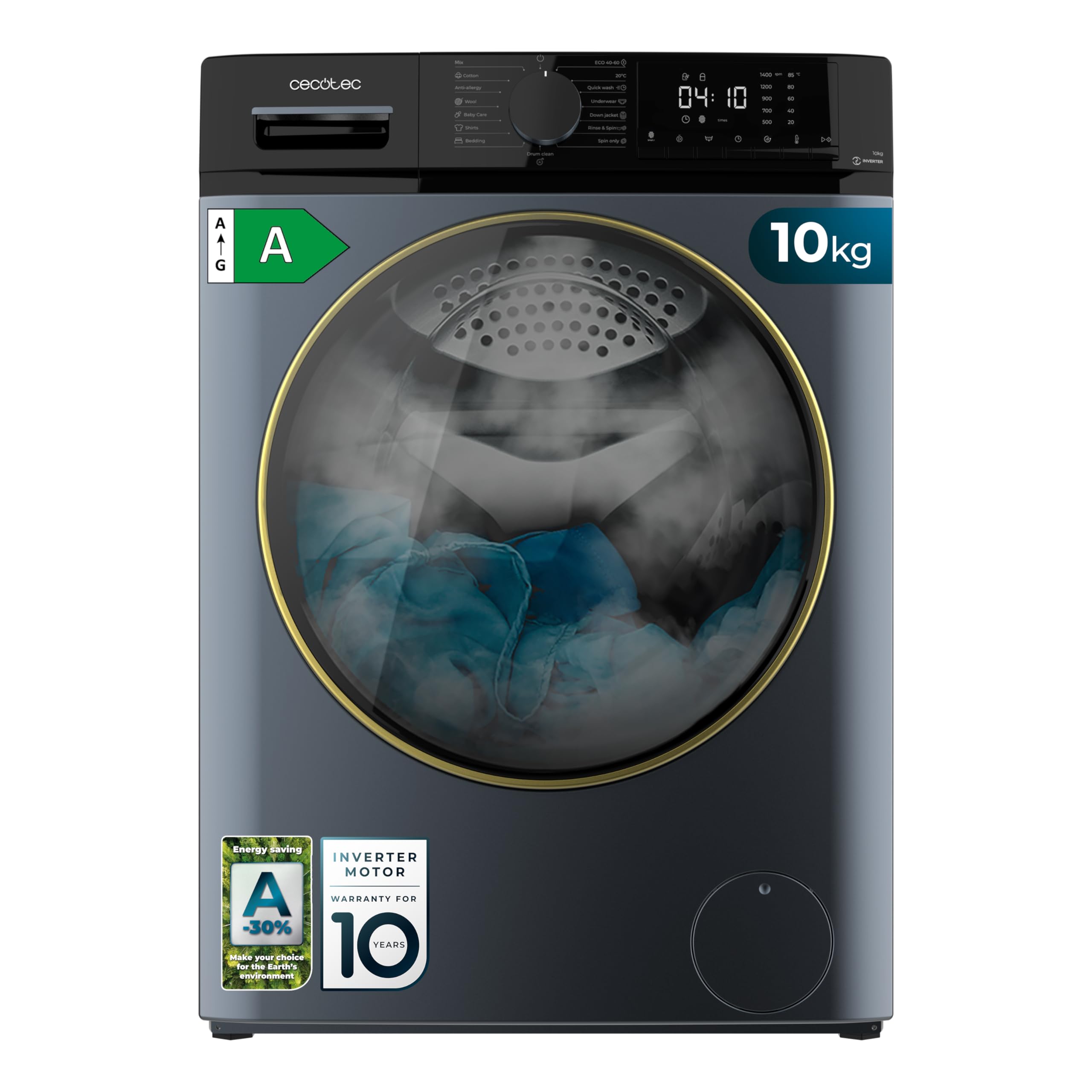 Cecotec Waschmaschine 10Kg Frontlader Bolero DressCode 10610 Inverter Ice Blue A 1400 U/min, Steam Max, Inverter Plus Motor, 15Prog, OnSmart, Smooth Wash, Stop&Go, Antibakterielle Dichtung, Drum Clean