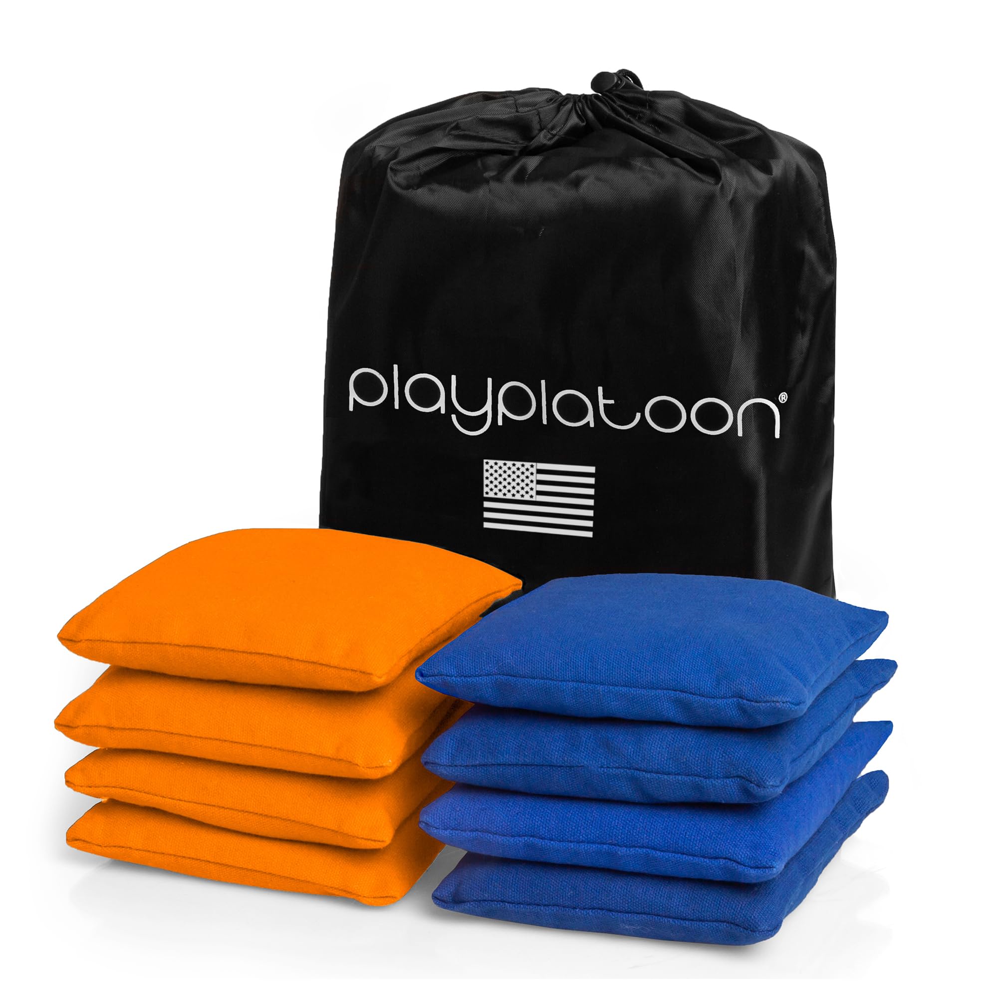 Play Platoon Weather Resistant Cornhole Bags - Set of 8 Regulation Corn Hole Bean Bags - Orange & Blue - Durable Duck Cloth Corn Hole Bag for Tossing Game, Includes Tote Bag