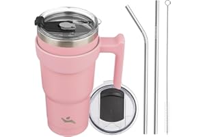 Konokyo 20oz Tumbler with Handle and 2 Straw 2 Lid, Insulated Water Bottle Stainless Steel Vacuum Cup Reusable Travel Mug, Light Pink