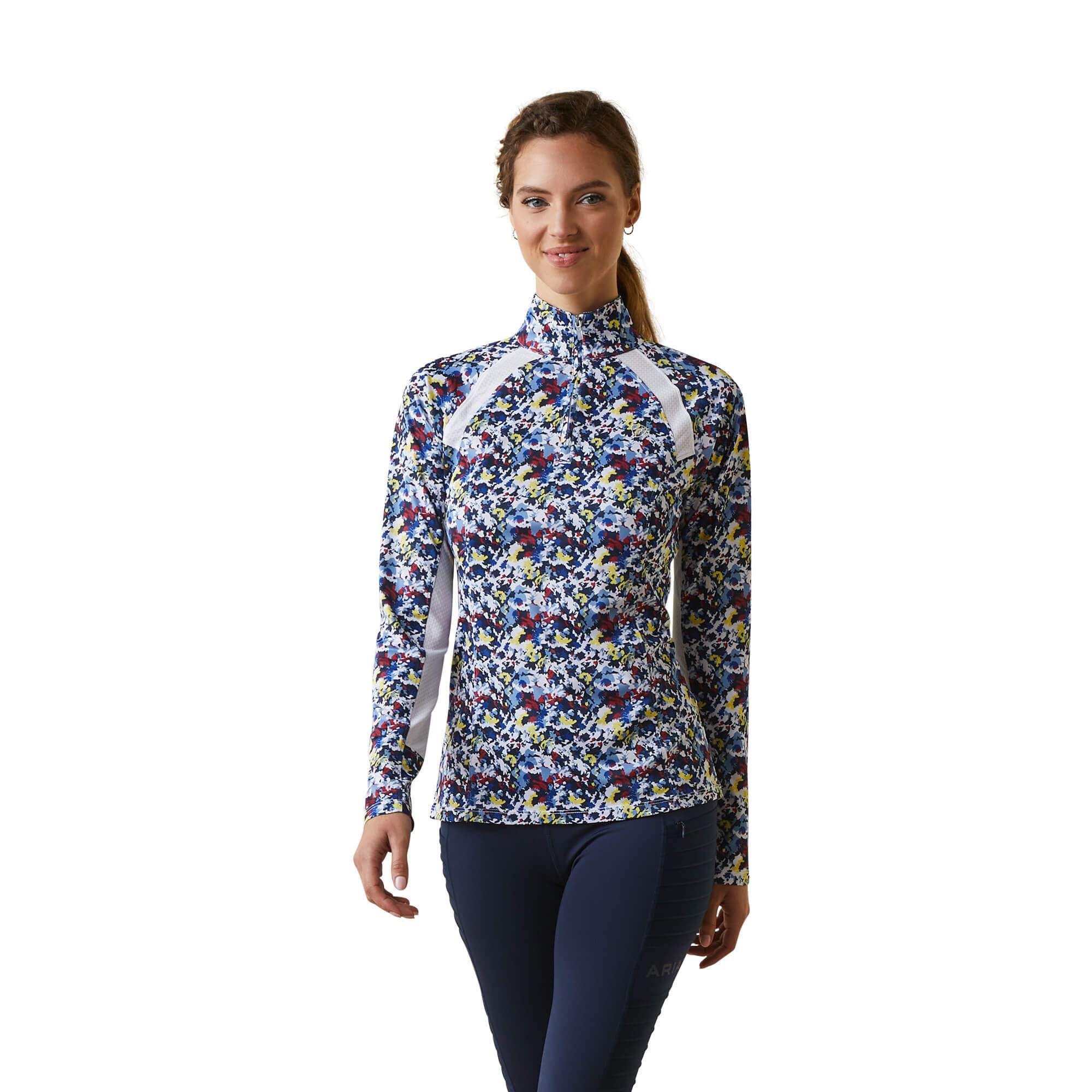 ARIAT Women’s Sunstopper 2.0 1/4 Zip Baselayer, Blue Camo Floral, Size Small
