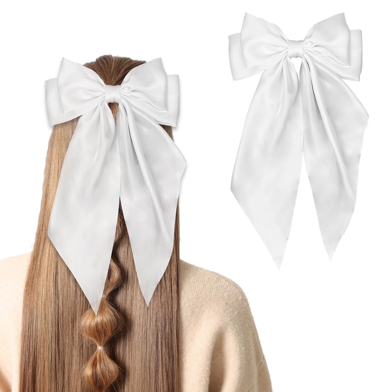 Hair Bow Clip Soft Satin Silky Bows for Women and Girls with Big Bowknot French Clips and Long Ribbon Barrettes