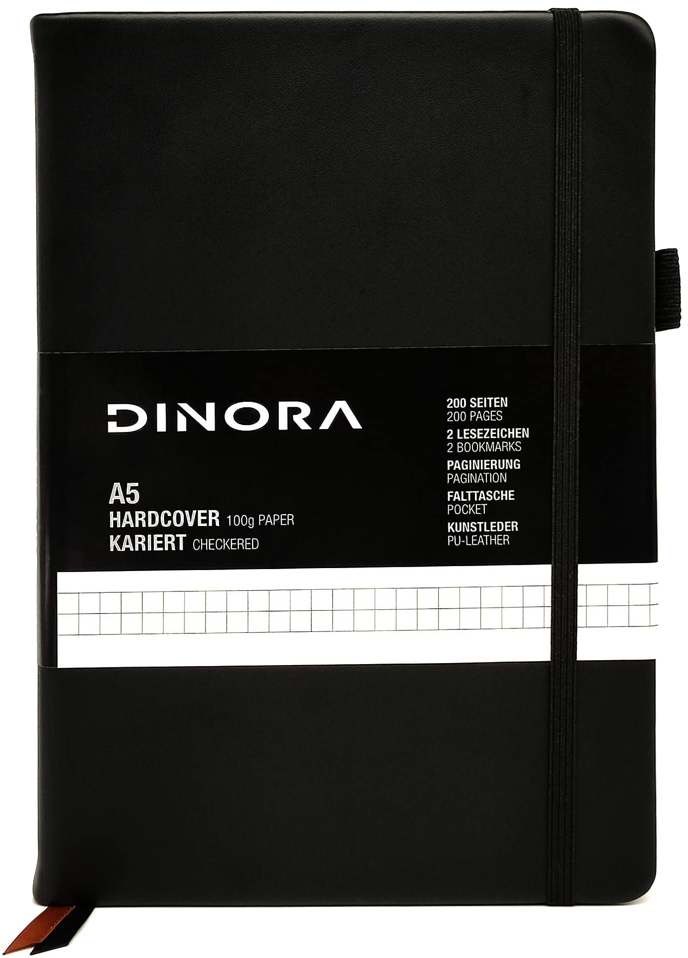 Dinora Notebook A5 Hardcover – Squared – PU Leather Look – 200 Numbered Pages – 100 g Avery Paper – Black