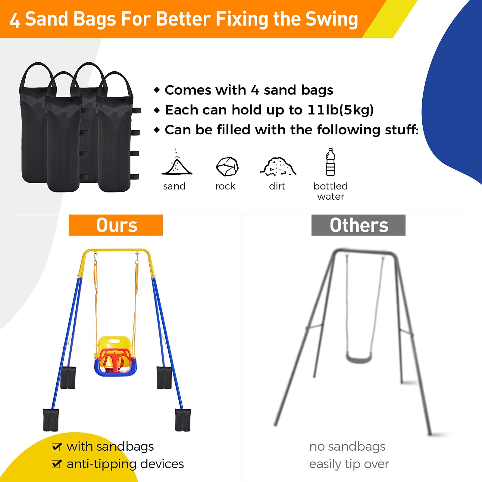 FUNLIO Toddler Swing with Foldable Metal Stand for Toddlers Aged 1~10 Years, 3-in-1 Baby Swing Set with 4 Sandbags for Backyard/Indoor/Outdoor Play, Easy to Assemble & Store