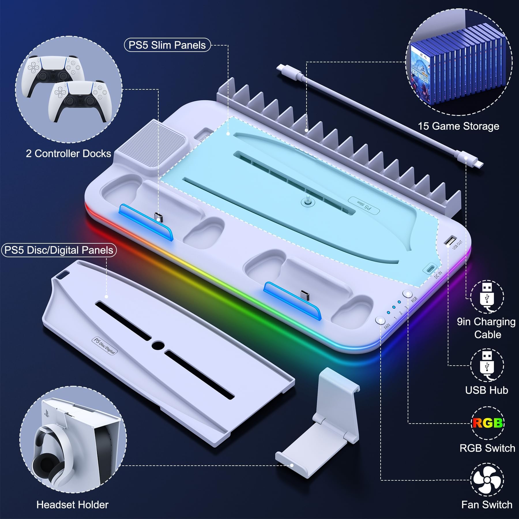 DINOSTRIKE PS5 Slim Stand and Cooling Station for Playstation 5 Slim Disc Digital Consoles,RGB PS5 Controller Charger with Cooling Fan, PS5 Cooling Base PS5 Stand Vertical Headset Holder 15 Game Slots