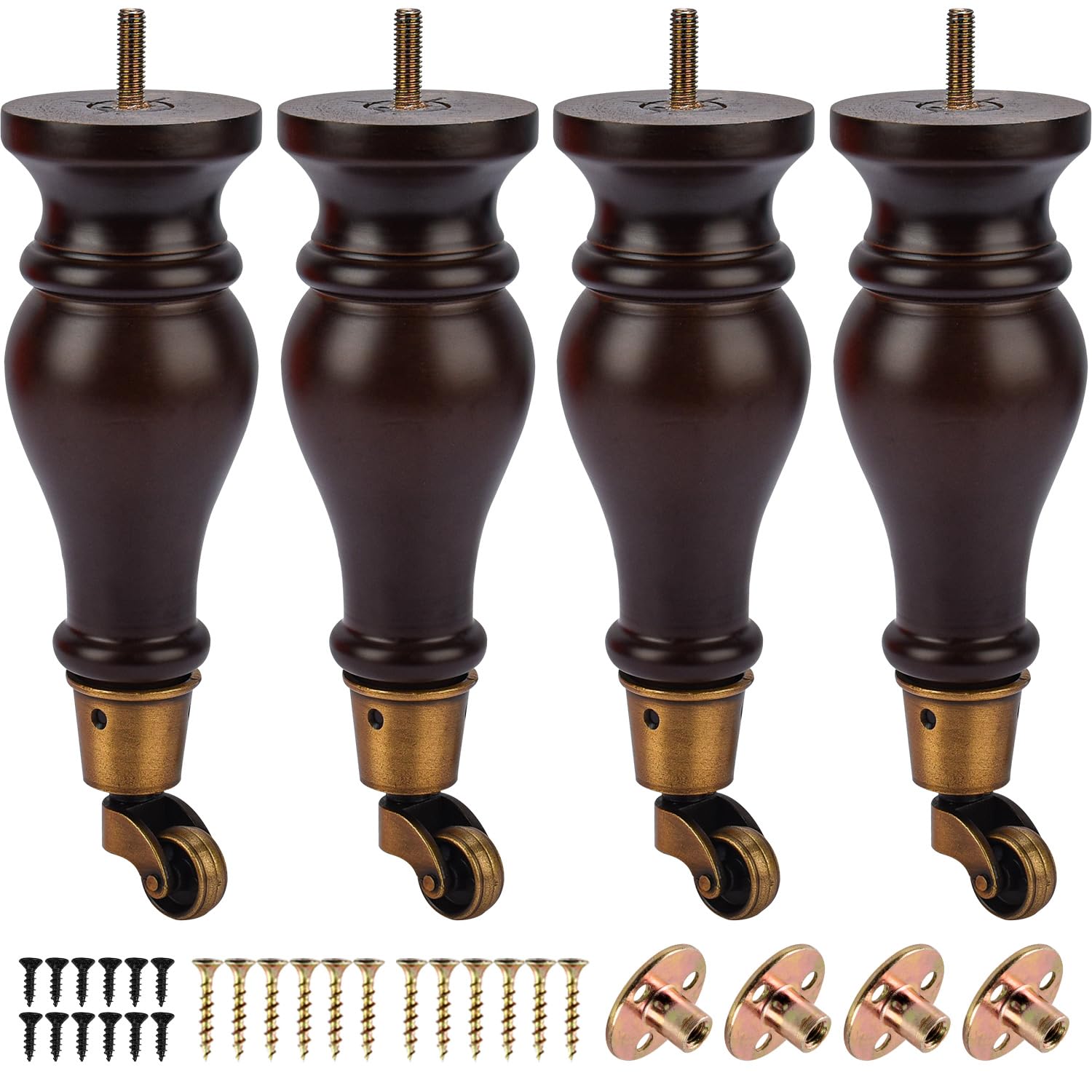 8.8 Inch /22cm Furniture Legs with Castors, 4Pcs Walnut Solid Wood Feet Round Gourd Wooden Turned Replacement Feet with Threaded M8 Hanger Bolts & Mounting Plate & Screws For Chair,Recliner,Ottoman
